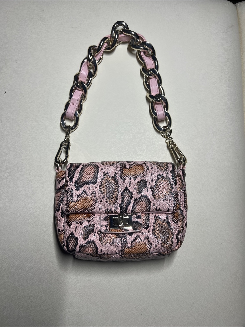 Steve Madden Pink Snake-Print Shoulder Bag with Chunky Chain